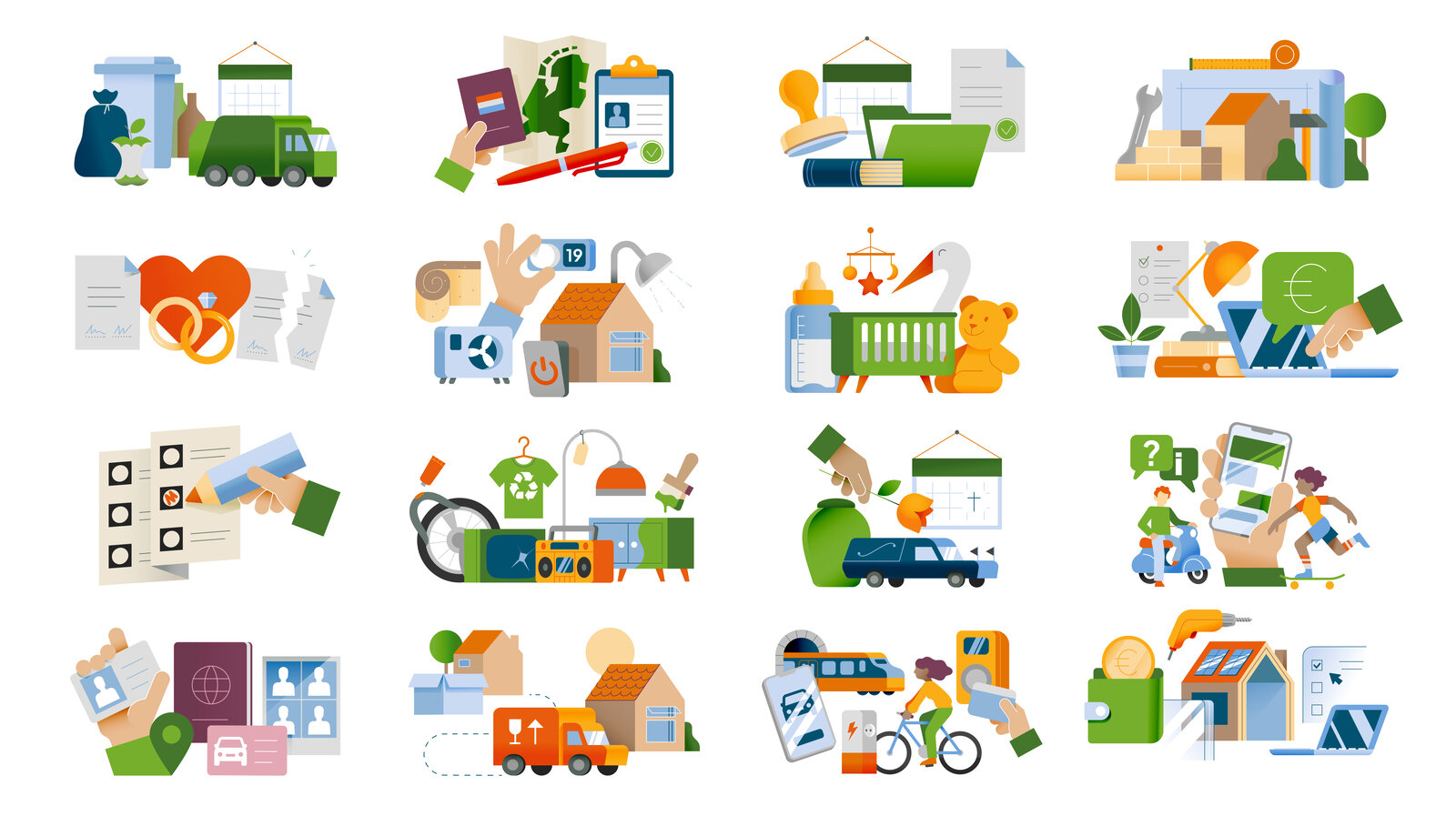 Overzicht van illustraties voor overheidscommunicatie, gerangschikt in een raster van vier bij vier.